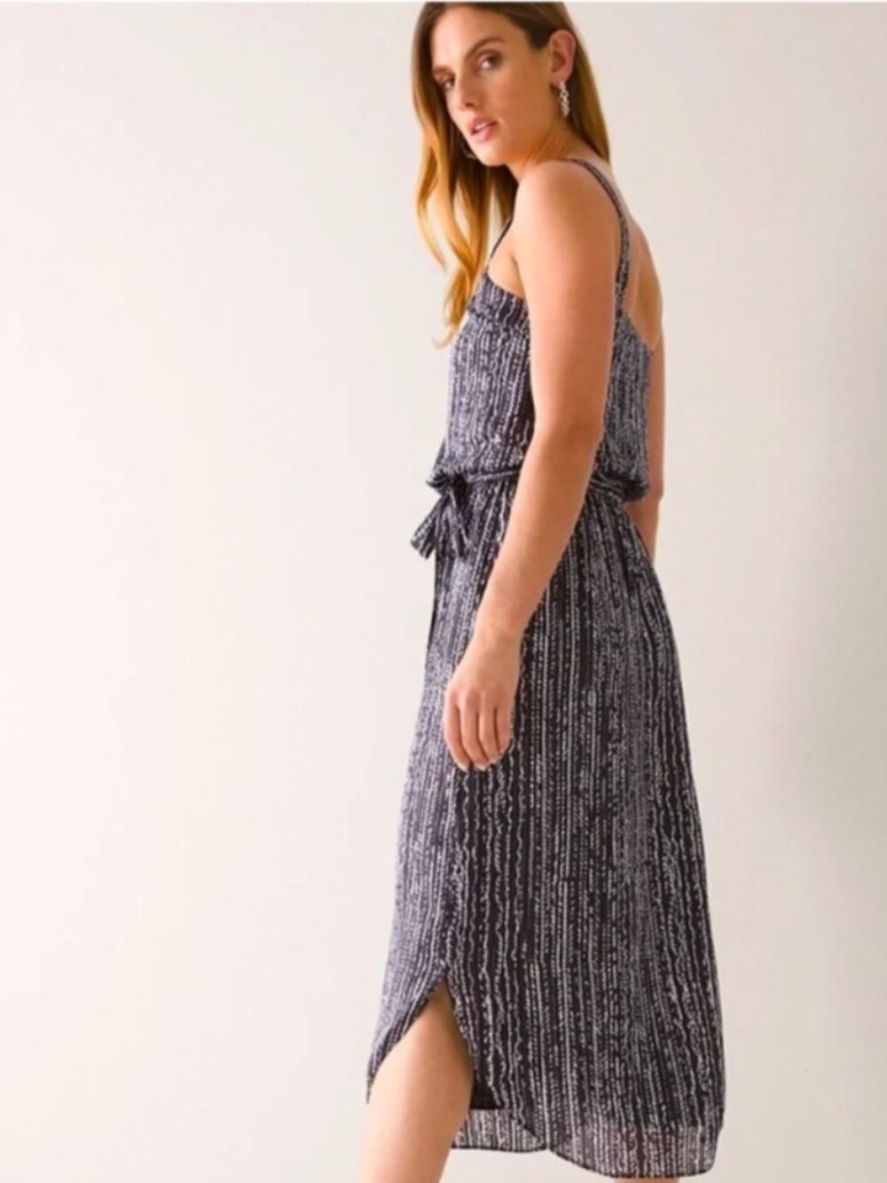 WHBM Lurex Tank Midi Dress XL Black Linear Graphic NWT $180 Flowy Gold - Picture 2 of 8